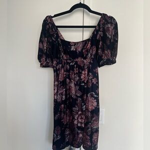 Urban Outfitters Velvet Purple Floral Baby Doll Dress with Puff Sleeves